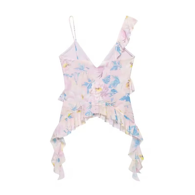 Asymmetrisches Volant-Top mit Blumenprint