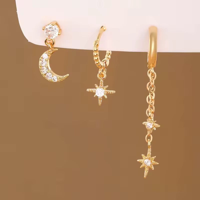 Goldene Ohrringe Set mit Mond & Sternen