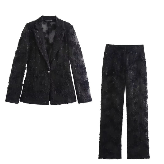 Eleganter schwarzer Blazer-Anzug mit 3D-Blumenstickerei