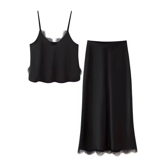 Satin-Zweiteiler Set mit Spitze