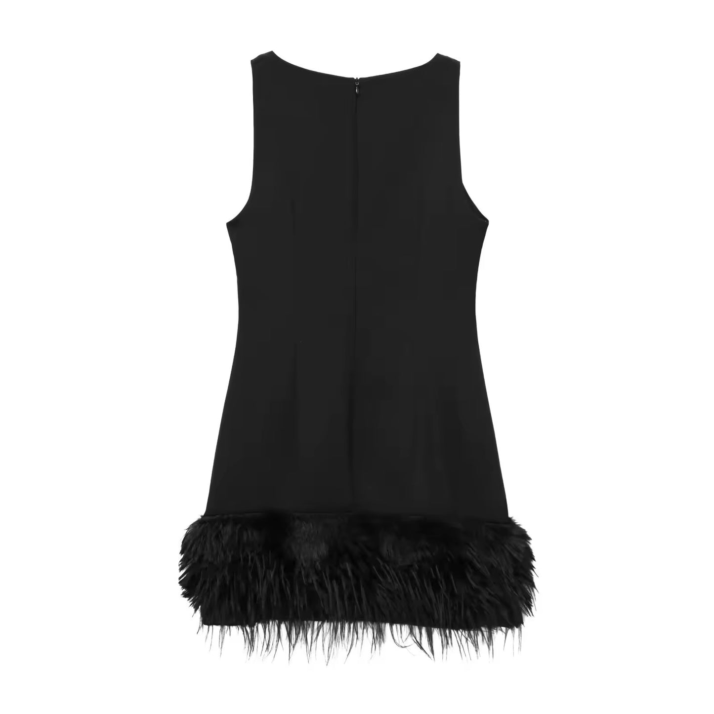 Black mini dress with feather trim