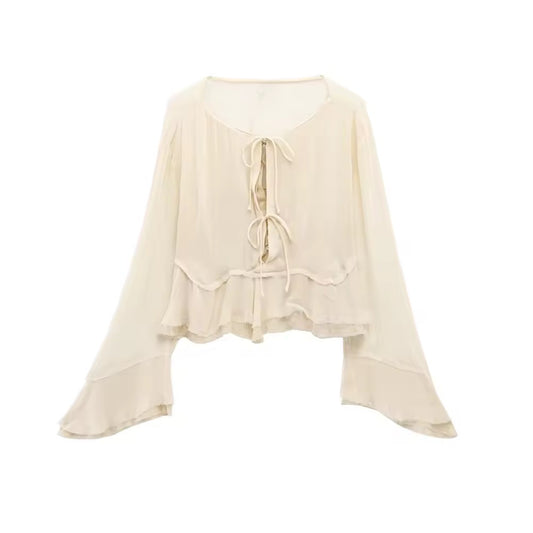 Boho-Chic Bluse mit Bindebändern und Volants
