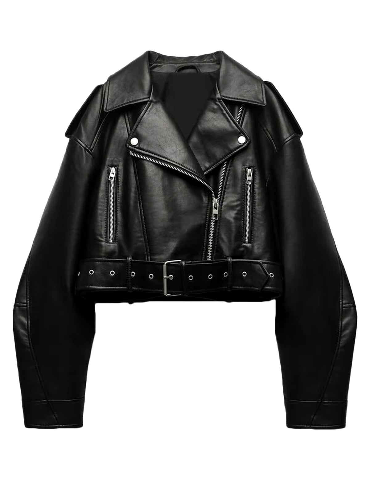 Cropped Bikerjacke aus Kunstleder mit Gürtel