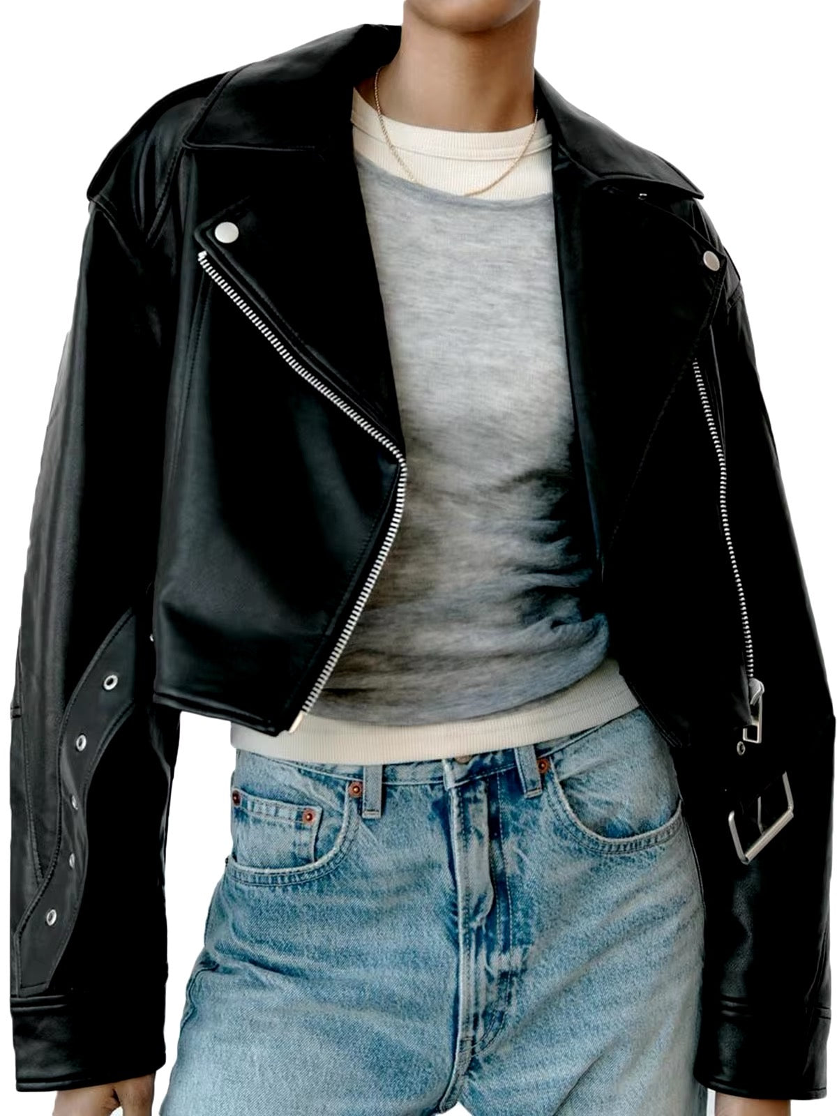 Cropped Bikerjacke aus Kunstleder mit Gürtel