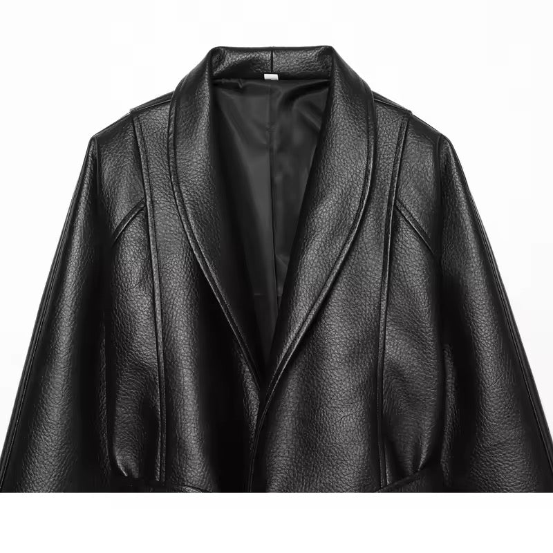 Kunstleder Blazer mit Bindegürtel