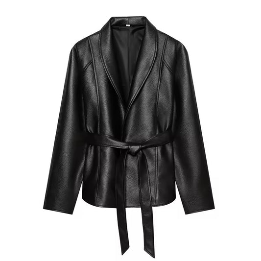 Kunstleder Blazer mit Bindegürtel